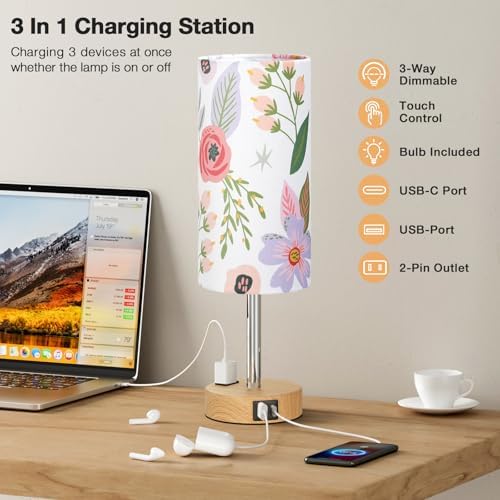 Fenmzee Floral Bedside Lamp for Bedroom, Dimmable Touch, USB A+C, AC Outlet - Image 6