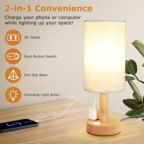 Small Bedside Table Lamp with AC Outlet, Natural Wood Base & Linen Shade, Mini Cute Cozy Warm White Nightstand Boho Lamp, Study Desk Night Stand Light for Bedroom, Kitchen, Nursery, Living Room - Image 5
