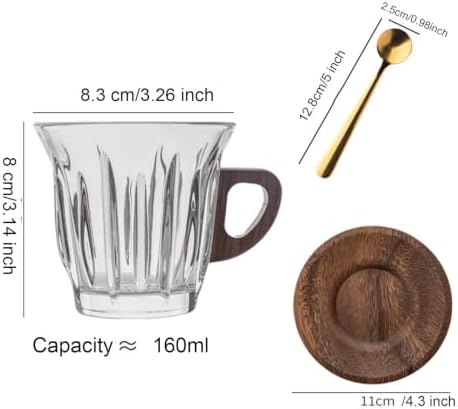 Glass Coffee Cup Set with Wooden Handle and Wooden Saucer, Clear Latte Cappuccino Espresso Mug, Heat Resistant Drinkware Gift for Home Office Café Use - Image 2