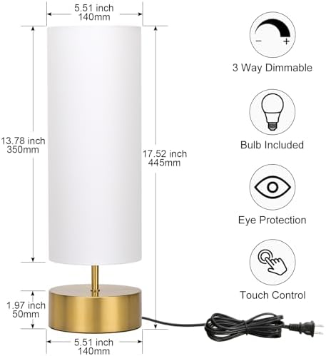3-Way Dimmable Table Lamp, Touch Control Gold Bedside Lamp with White Shade - Image 2