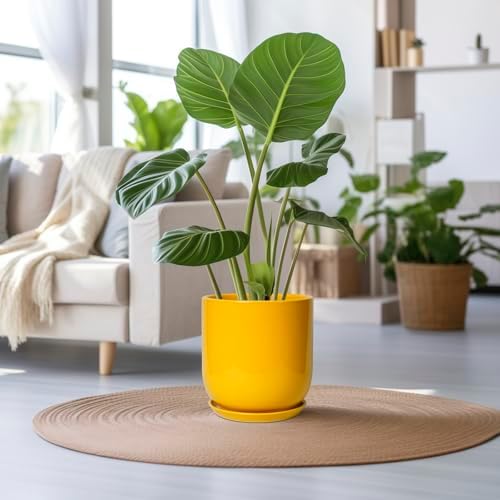 12 Inch Pots for Plants - Ceramic Planter for Outdoor Plants Large Plant Pot Indoor with Drainage Hole Modern Flower Pot for Home Patio Office Decor Yellow - Image 2