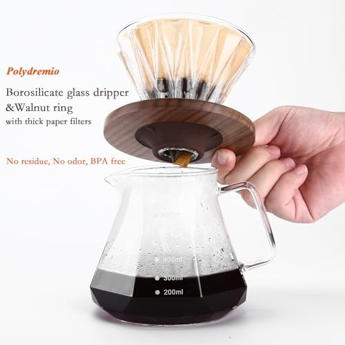 Pour Over Coffee Maker, 20 oz Borosilicate Glass Carafe with 100 pcs Size 02 Paper Filter, Walnut Handle & Glass Lid, 600 ml, Clear - Image 4