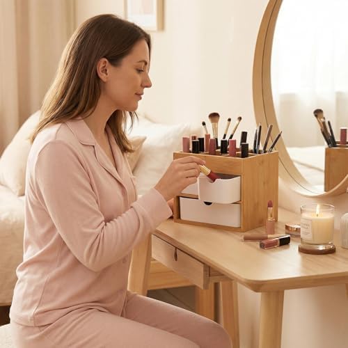 Small Bamboo Makeup Organizer with 3 Drawers - Image 2