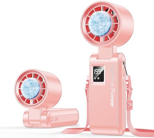 Portable Handheld Fan with Ice Cooling, 7.5m/s High Speed Turbo Fan, 150° Foldable 4-in-1 Personal Neck Fan, 199 Speed Stepless Control, USB-C Rechargeable for Travel, Makeup, Hiking,Pink by Kimguard