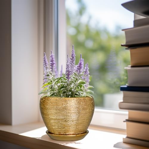 Ceramicfor Indoor Plant Pot 6 Inch - Ceramic Pot for Plants Outdoor Planter with Drainage Hole and Saucer Round Decorative Planter Modern Flower Pot for Home Decor Gold - Image 3