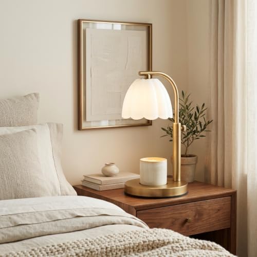 Scalloped Glass Candle Warmer Lamp with Timer (2H/4H/8H) - Dimmable & Adjustable Height - Wax Melter for Large & Small Jar Candles - 2 Bulbs - Gold Metal - Flameless Home Decor Gift for Women (White) - Image 4