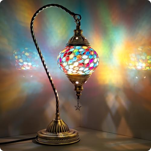 Yarra-Decor Turkish Moroccan Lamp with Bronze Base 3 Color Options Handmade Swan Neck Mosaic Glass Bedside Lamps for Bedroom (LED Bulb Included)(Colorful3) by Yarra-Decor