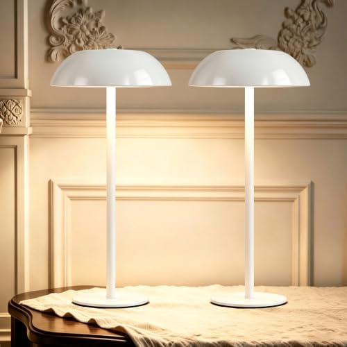 2 Pack Portable LED Mushroom Table Lamp, 12H Cordless Metal Night Light with Rechargeable Battery, Stepless Dimmable 3 Colors Desk Lamp for Bedroom Bar Coffee Shop(White) by Unknown
