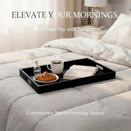 Krismax Wooden Serving Tray with Handles, Serving Platter 15.7x11.4 Inch Food Drinks Tray for Coffee Table,Decorative Storage Tray for Entertaining, Breakfast Tray in Bed,Lunch,Dinner,BBQ(Black) - Image 6