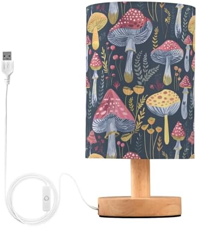 Fustylead Red Boho Mushrooms Navy Blue Table Lamp for Bedroom USB Port Lamps Small Accent Table Lamp Nightstand Lamp Sturdy Linen Shade Wooden Base Decorative Lamps for Bedside Reading|Kids|Dorm|Home by Fustylead