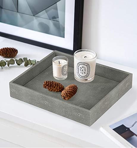 HofferRuffer Decorative Desktop Organizer Tray, Bathroom Vanity Tray, Storage Jewelry Perfume Dresser Tray, Catchall Tray for Change Coin Key, 10.2 x 8.4 x 1.8 inches (Dark Grey Faux Leather Shagreen) - Image 4
