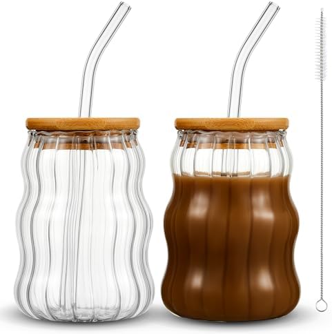 Domensi 2 Pcs 18 oz Creative Glass Cups with Lids and Straws Wave Shape Cute Drinking Tumblers Ribbed Cups Vintage Ripple Glassware for Cocktail Juice Iced Coffee Tea Soda Milk by Domensi