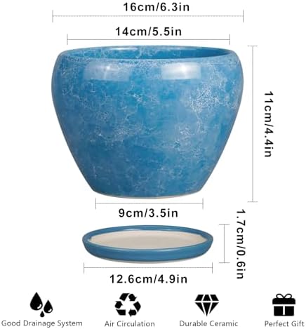 Ceramicfor 6 Inch Plant Pot - Ceramic Planter Pot with Drainage Hole and Saucer, Glaze Succulent Pot Modern Round Flower Pot for Indoor Plants, Blue - Image 3