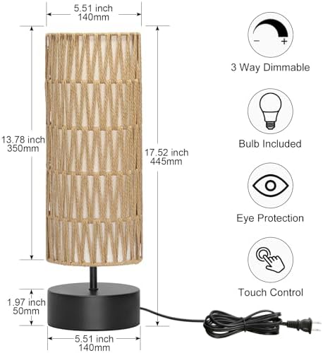 Rattan Table Lamp, Touch Control Bedside Table Lamp with Black Base, 3 Way Dimmable Nightstand Lamp with Dual-layer Shade, Boho Night Light for Bedroom Living Room Home Office, 9W LED Bulb Included - Image 2