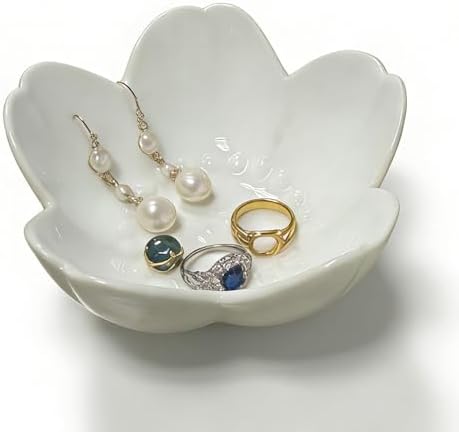 Ceramic Jewelry Dish, White Small Jewelry Bowl, Flower Ring Dsih Decorative Jewlery Tray, Cute Trinket Tray Jewelry Holder for Bathroom Nightstand, Friendship Birthday Gifts for Women Mom by BESSKON