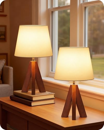 Small Tripod Table Lamps Set of 2, Modern Nightstand Lamp with Fabric Shade, Boho Bedside Wood Desk Light for Bedroom, Kids Room, Living Room, Office, Study, Dark Wood and White, LW51TLP205 by GOEBLESON