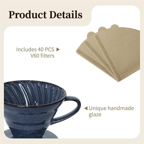 Vintage Ceramic Pour Over Coffee Maker with V60-Style Dripper and 40 Paper Filters (Blue) - Image 5