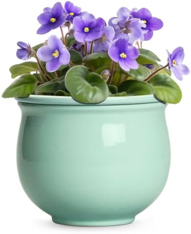 8 Inch Self Watering Planter, Ceramic Plant Pots, Mint Green by Teagas