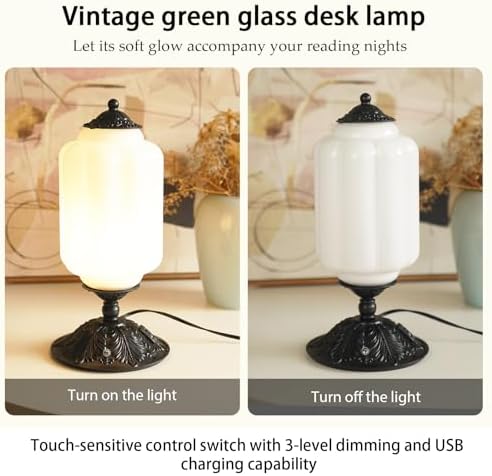 Vintage Milk Glass Table Lamp,3-WayDimmable USB-C+A,Black Bedroom DeskLamps - Image 2