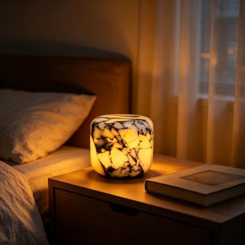 Natural Marble Lamp Cordless Touch Control Night Light 3-Way Dimmable Pat Light LED Ambient Glow Lamp Type-C Rechargeable Portable Stone Bedside Desk Lamp Zen Home Decor (Purple Calacatta) by Boeavance