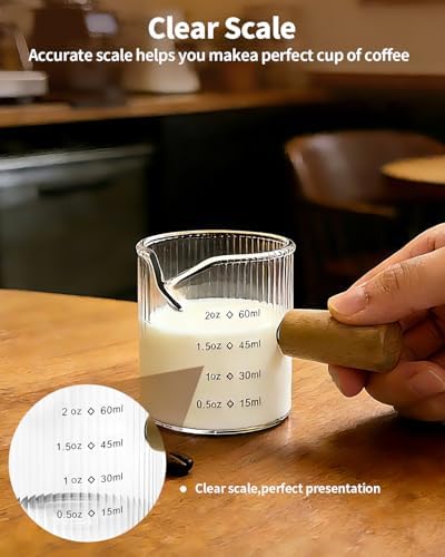 Espresso Measuring Cup 2 OZ, Espresso Glass Cups with Wood Handle, Milk Frothing Cup, Espresso Cup for Coffee, Milk, Tea or Maple Syrup Serving (Transparent, 2 oz) - Image 4