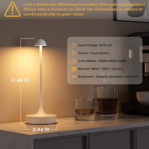 Kakanuo Rechargeable Cordless Table Lamp, Battery Operated Lamps, 3-Color Stepless Dimming, Portable Wireless Desk Lamp, LED Lighting for Dining Room, Restaurant, Office, Bar, Home(White 2 Pack) - Image 5