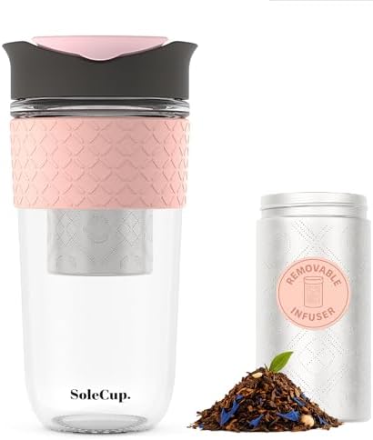 Large Travel Mug Loose Tea Infuser - Detachable Tea Strainer with Spill Proof Lid - 18oz/530ml BPA-Free Reusable Glass Travel Coffee Cup with Silicone Band (Gray and Pink, 18oz) by SoleCup