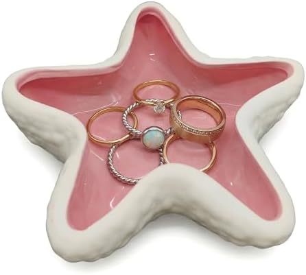 Starfish Jewelry Dish Ceramic Trinket Tray - Ocean Themed Ring Holder for Earrings, Necklaces, Beach & Bathroom Organizer with Glossy Glaze, Coastal Room Decor Gift for Women，Pink by Unknown