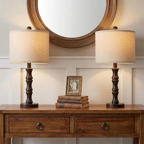 BOBOMOMO 20.5" Classic Table Lamps Set of 2, Farmhouse Nightstand Lamps with Dark Wood Grain Resin Base & Linen Shade, Small Bedside Lamps for Bedroom, Living Room, Home Office & Cozy Apartment Décor by BOBOMOMO