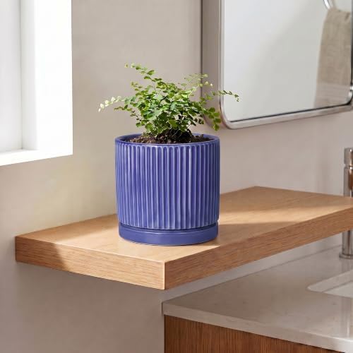 6 Inch Ceramic Pots for Plants, Round Plant Pot with Tray, Blue - Image 3