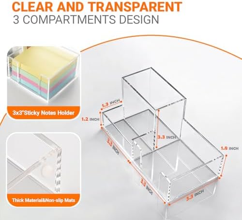 Pen Holder for Desk Clear Pencil Holder with Sticky Notes Holder Acrylic 3 Compartments Desk Organizer Office Desk Accessories for Office, School, Home, Makeup Brush Holder for Bedroom Bathroom - Image 4