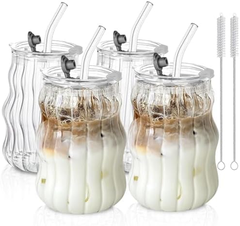 KEMORELA 4PCS Ribbed Glass Cups with Lids & Straws – 18oz Vintage Wavy Coffee Cups, Bubble Glass Aesthetic for Iced Coffee, Clear Ribbed Glasses with Straws, Ideal Drinkware Set by KEMORELA