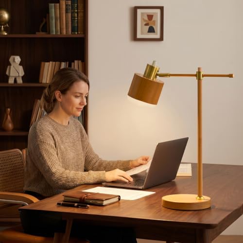 OYEARS 22.2" Mid Century Desk Lamp, Modern Metal Table Lamp with LED Bulb, Adjustable Reading Lamps, Industrial Task Lamp for Home Office, Farmhouse Bedside Lamps with Solid Base, Woodgrain - Image 5