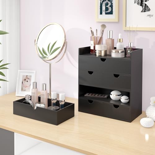 Bamboo Desk Organizer with Drawers Desktop Storage Drawers for Bills Office Supplies Kitchen Utensils Organizing Tool for Home Classroom Organization No Assembly (Black with Shelf) - Image 6