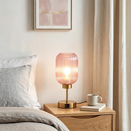 LAMSU Vintage Pink Table Lamp Touch Control, Small Glass Desk Lamp with Bulb, Charging Port, Mid Century Modern Bedside Lamp, 3 Way Dimmable Nightstand Lamp for Bedroom Living Room Home Decor - Image 7