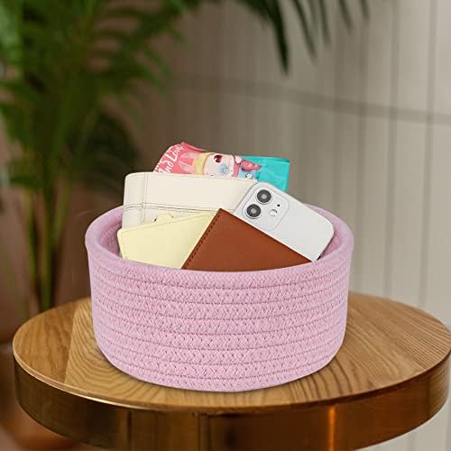 ABenkle Small Woven Basket, Empty Tiny Shallow Storage Baskets, Mini Cotton Rope Baskets, Round Decorative Hamper, Basket Storage Bins for Toys, Spa, Socks, Nursery, Living Room- Pink - Image 3