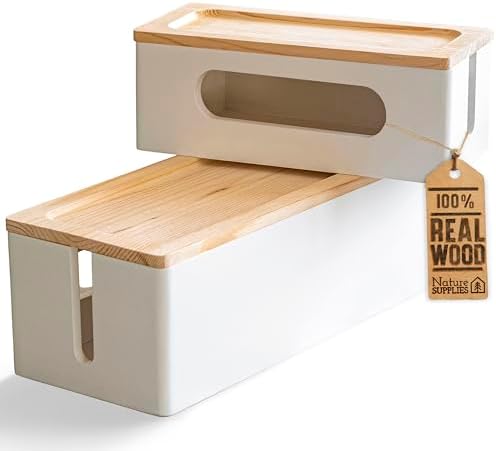 NATURE SUPPLIES Set of 2, Wood Cable Management Boxes, Large and Medium Cord Organizer to Hide Wires and Power Strips for TV, Desk, Computer, Router, Cable Storage and Home Office Organization, White by NATURESUPPLIES