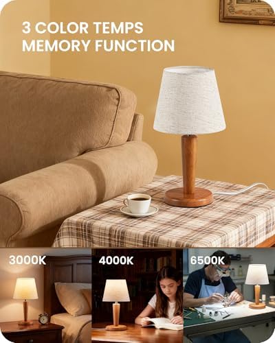 12" Wood Bedside Table Lamps Set of 2, Small Desk Lamps for Small Places, 3 Color Temperatures with Memory, Beige Linen Shade & E26 Bulbs, for Bedroom Living Room Office LE13TLP205 - Image 2