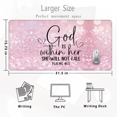 Pink Christian Mouse Pad 31.5x15.7inch, God is Within Her She Will Not Fall Bible Verse Mouse Pad for Wireless Mouse Computers Laptop Desk Accessories, Christian Gifts for Women - Image 2
