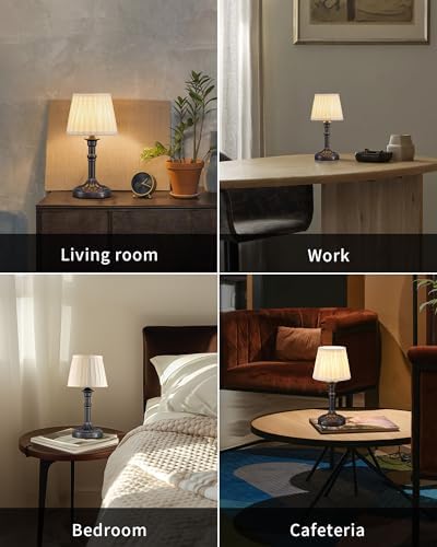 KDG Mottled Silver Cordless Table Lamps Set of 2, Beige Fabric Shade Light - Image 6