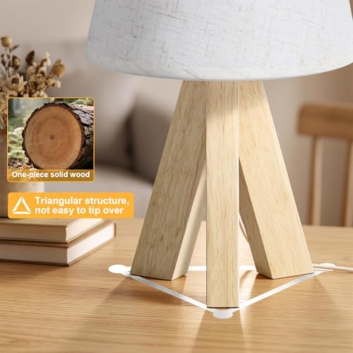 Tripod Table Lamp Small Bedside Lamp with Linen Fabric Shade, Mid Century Modern Nightstand Lamp for Bedroom Living Room Office Nursery, Wooden Legs(Cone) - Image 3