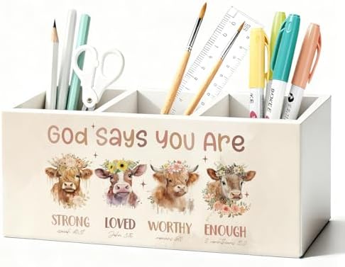 Highland Cow Christian Pen Pencil Holder for Desk, Christian Gifts for Women, God Says You Are Bible Verse Western Highland Cow Wooden Box Sign Decorations for Home Office Desk Tabletop by Unknown