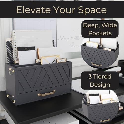 BLU MONACO | Grey Three-Tier Desktop Mail Organizer with Gold Label Holders & Drawer | Stylish Mail Holder and Countertop Document Storage for Home or Office - Image 3