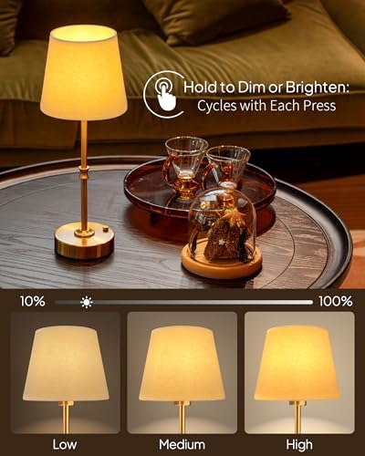 EppieBasic Cordless Table Lamp Rechargeable: Fast Charging & Long Lasting - 2700K Warm Light Small Vintage Gold Lamps - Dinning Living Room Bedroom - Beige Shade - Image 5