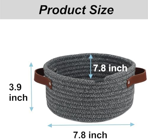 Small Woven Cotton Rope Basket with Leather Handle, Grey - Image 3