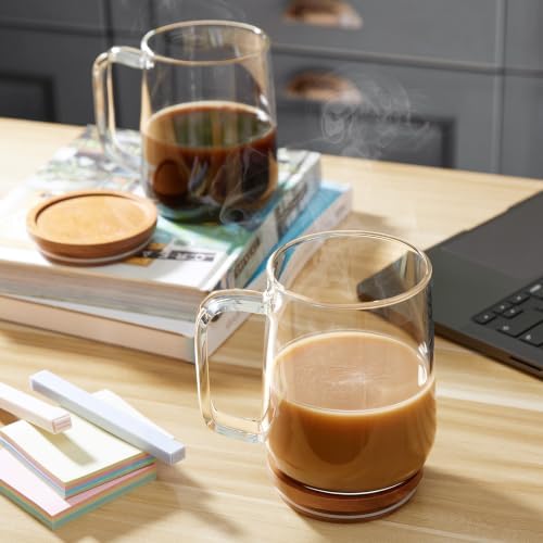 Large Glass Coffee Mugs, 24 oz Glass Coffee Cups with Acacia Wood Lids, Clear Borosilicate Glass Mugs with Handles for Cappuccino, Tea, Latte, Hot/Cold Beverages, Wine, Americano, Set of 2 - Image 6