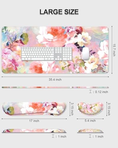 Auhoahsil Large Mouse Pad with Wrist Rests for Keyboard & Mouse, Thick Soft Ergonomic Memory Foam Wrist Supports, Big & Long Desk Mat 35.5 x 15.7 in, for Office Gaming Computer, Pink Flowers - Image 7