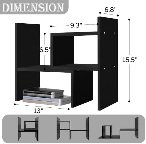 MASAKA B&W - Desk Organizer Aesthetic Shelf, Desktop Bookshelf, Double H Plants Display Shelf, Storage Rack Adjustable Stackable for Office Home Dorm - Perfect for Books, Plants & Decor (Black) - Image 2