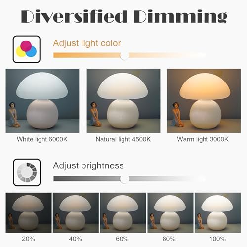 Cute Small Mushroom Lamp, PE Lampshade, Ceramic Base, Adjustable Light Color and Brightness with Power-Off Memory, Safe USB Powered, LED Mushroom Light for Bedroom Living Room (White) - Image 5