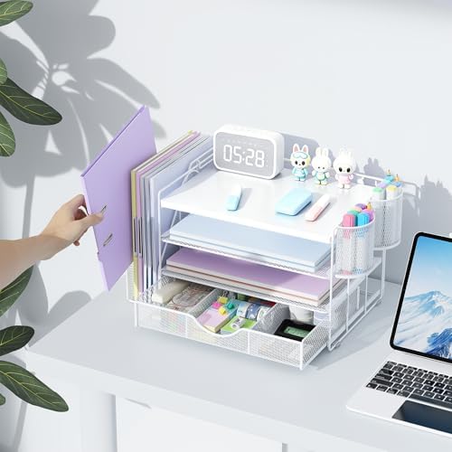 gianotter Wood Desk Organizers and Accessories with File Holder, 4-Tier Desk Accessories & Workspace Organizers with Drawer and 2 Pen Holder, Desk Reference Organizer (White, 4T with Metal Drawer) - Image 6